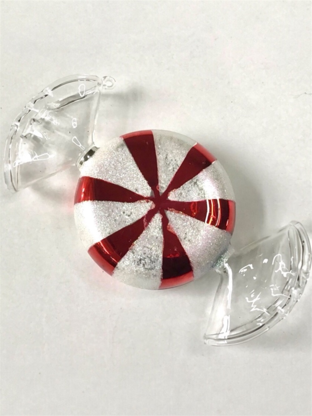 Red & White Peppermint Candy Christmas Ornament Glitter Shiny Holiday Decoration